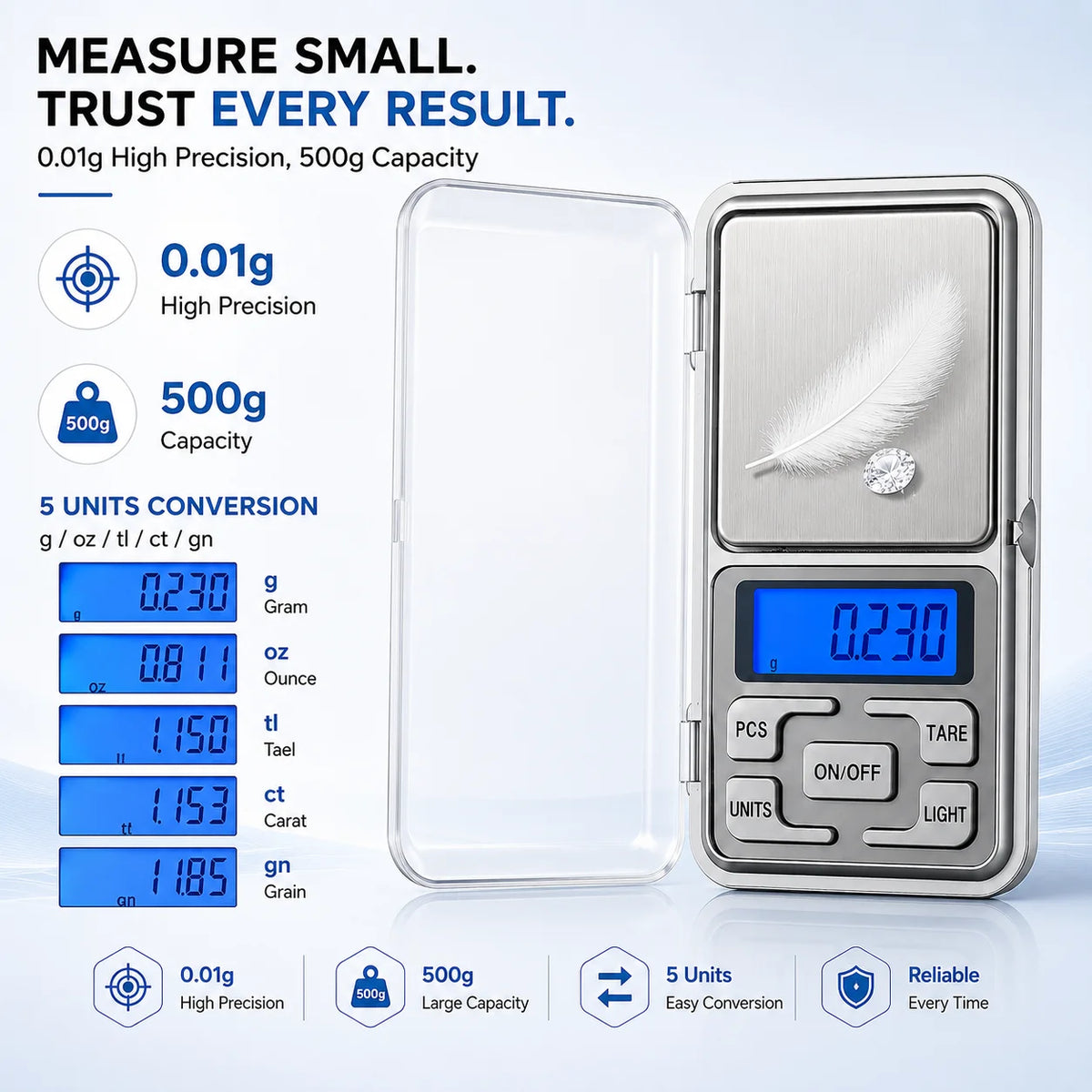 High Precision Mini Pocket Scale 500g/0.01g, Portable Digital Jewelry Scale, Accurate Small LCD Weighing Device for Easy Carry