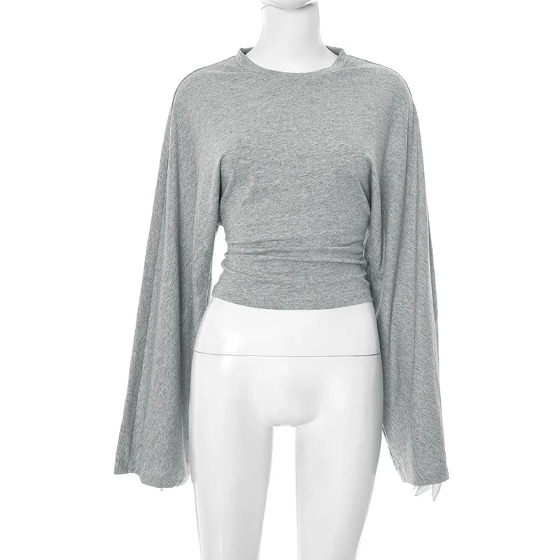 Women's Long Sleeve O-Neck Skinny T-Shirt Monochromatic Crop Top Casual Y2K Streetwear Fashion Pullover Summer Outfit