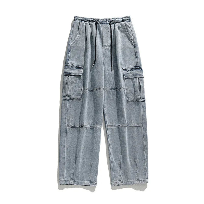 2025 Men's retro camouflage jeans, informal washed wide leg jeans, men's autumn and winter loose pants, old blue multi pocket