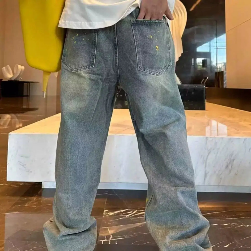 New Washed Jeans for Autumn and Winter Men Hand-painted Inkjet Print Fashionable and Versatile Old Casual Straight Pants