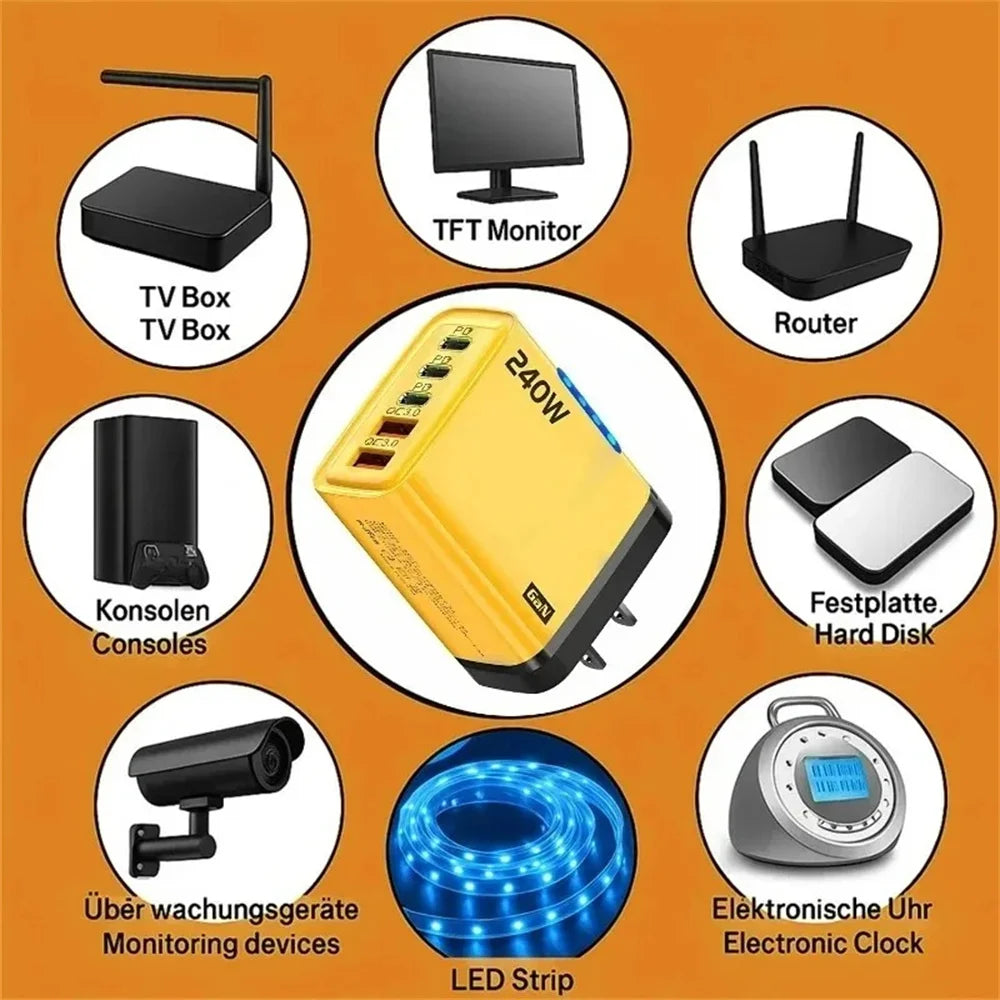 240W GaN 5 in 1 Fast Charging Phone Charger USB C Charger Power Adapter Type C EU/US Plug Wall Charger For iPhone Samsung Xiaomi