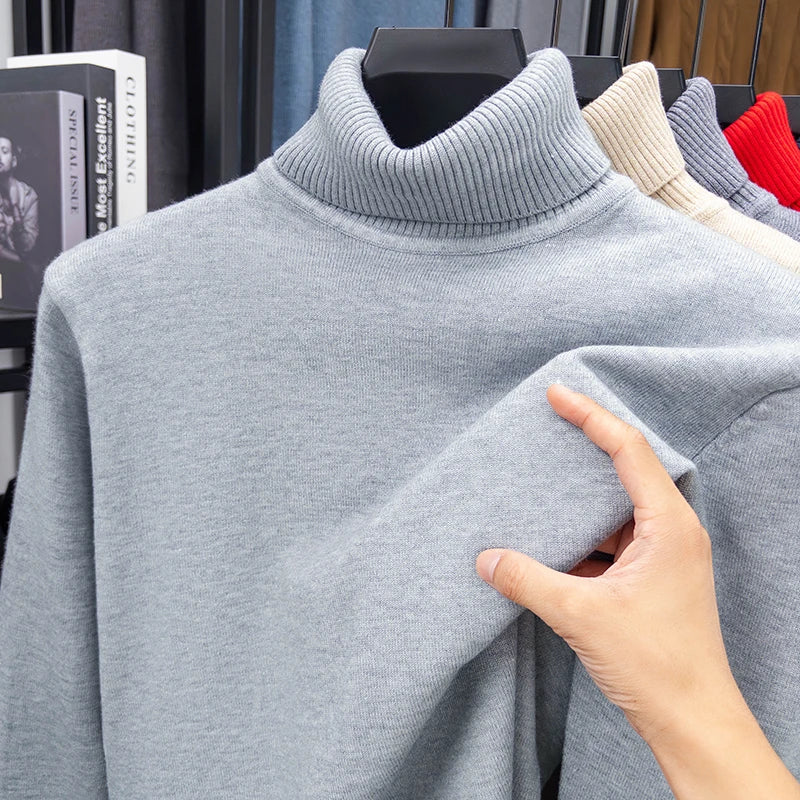 Autumn Mens High Quality Knitted Turtleneck Sweater Slim Fit Long Sleeve Anti-pilling Pullover Solid Color Trend Men Streetwea