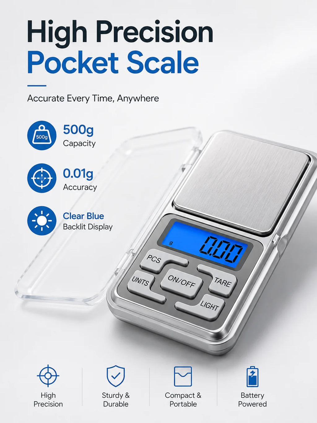 High Precision Mini Pocket Scale 500g/0.01g, Portable Digital Jewelry Scale, Accurate Small LCD Weighing Device for Easy Carry