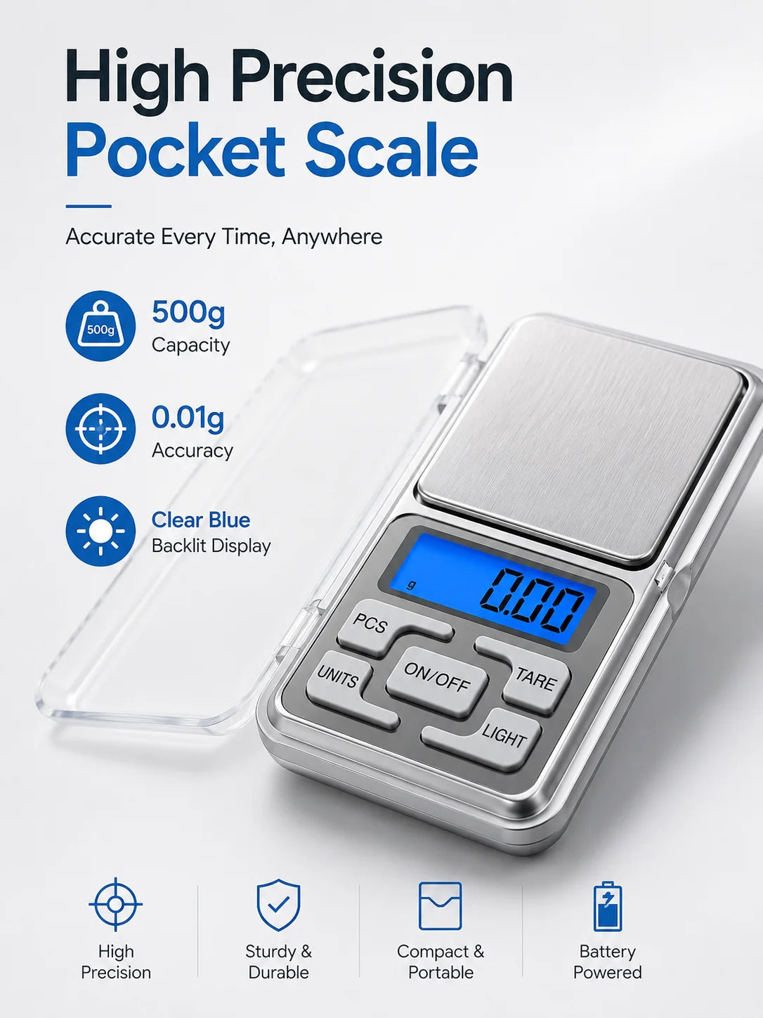 High Precision Mini Pocket Scale 500g/0.01g, Portable Digital Jewelry Scale, Accurate Small LCD Weighing Device for Easy Carry