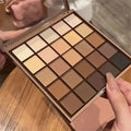 25-color eyeshadow palette - neutral gray and brown earth tones, coffee and chocolate shades, creating versatile, natural to dramatic makeup looks