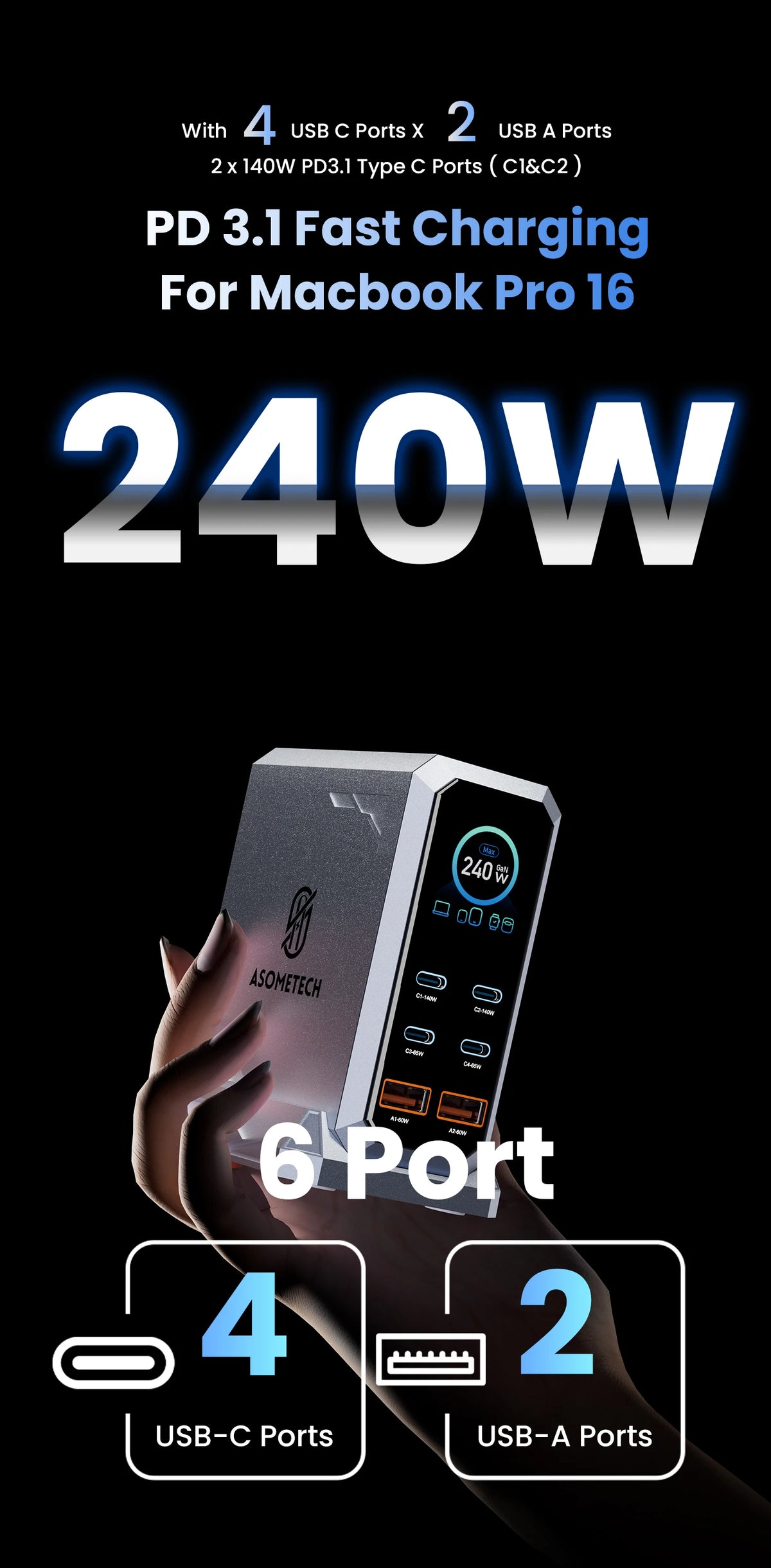 240W GaN Charger 6-IN-1 140W PD3.1 PPS USB Type C Digital Display Fast Charging Station for iPhone 16 15 MacBook Laptops Samsung