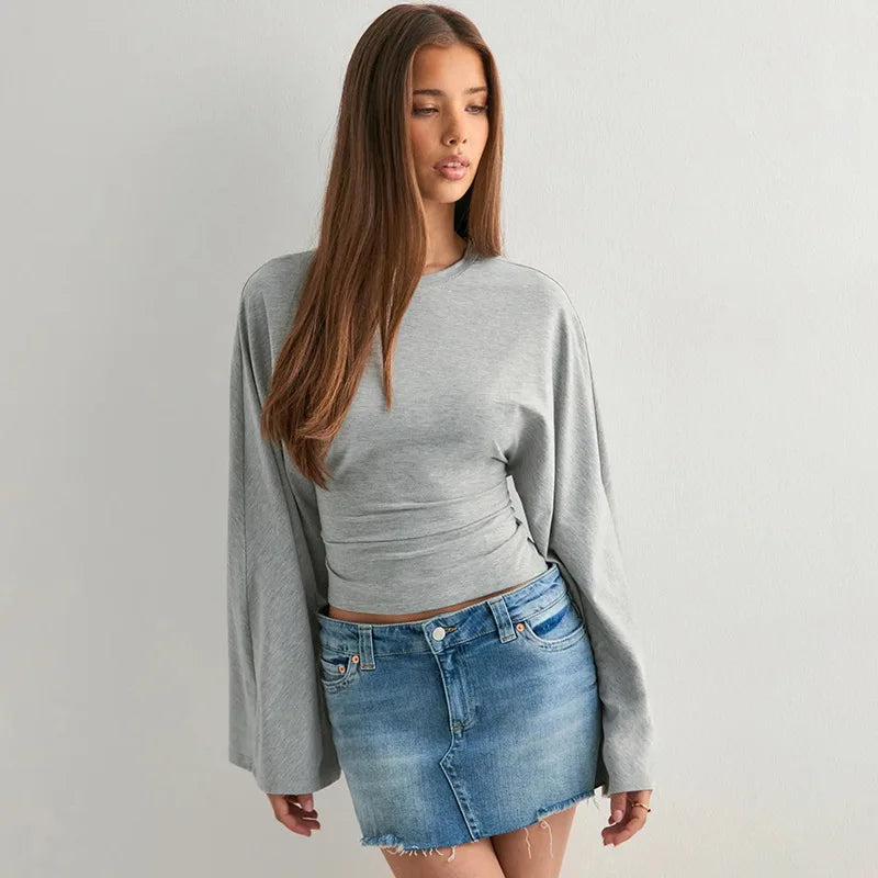 Women's Long Sleeve O-Neck Skinny T-Shirt Monochromatic Crop Top Casual Y2K Streetwear Fashion Pullover Summer Outfit
