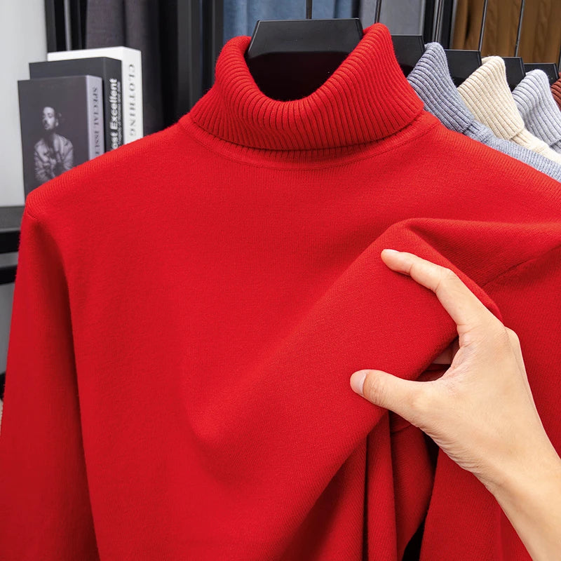 Autumn Mens High Quality Knitted Turtleneck Sweater Slim Fit Long Sleeve Anti-pilling Pullover Solid Color Trend Men Streetwea