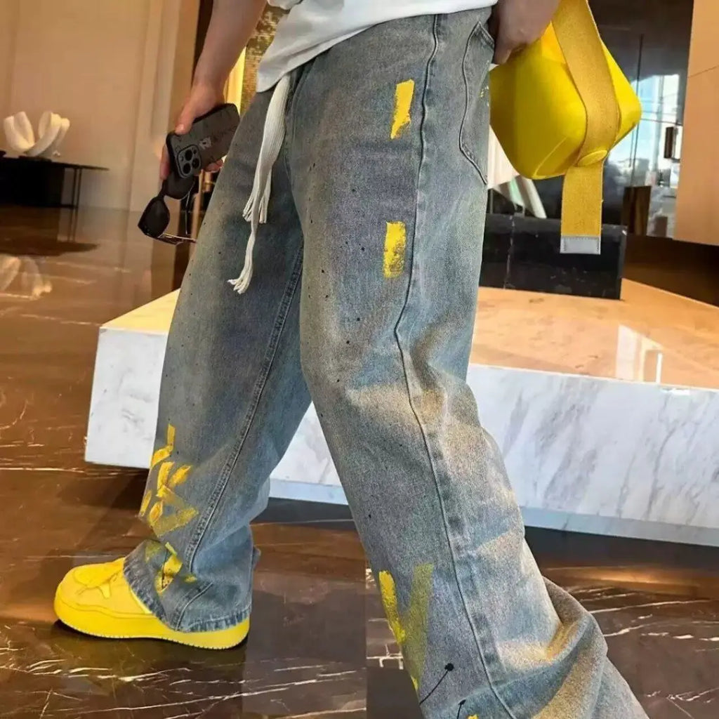 New Washed Jeans for Autumn and Winter Men Hand-painted Inkjet Print Fashionable and Versatile Old Casual Straight Pants