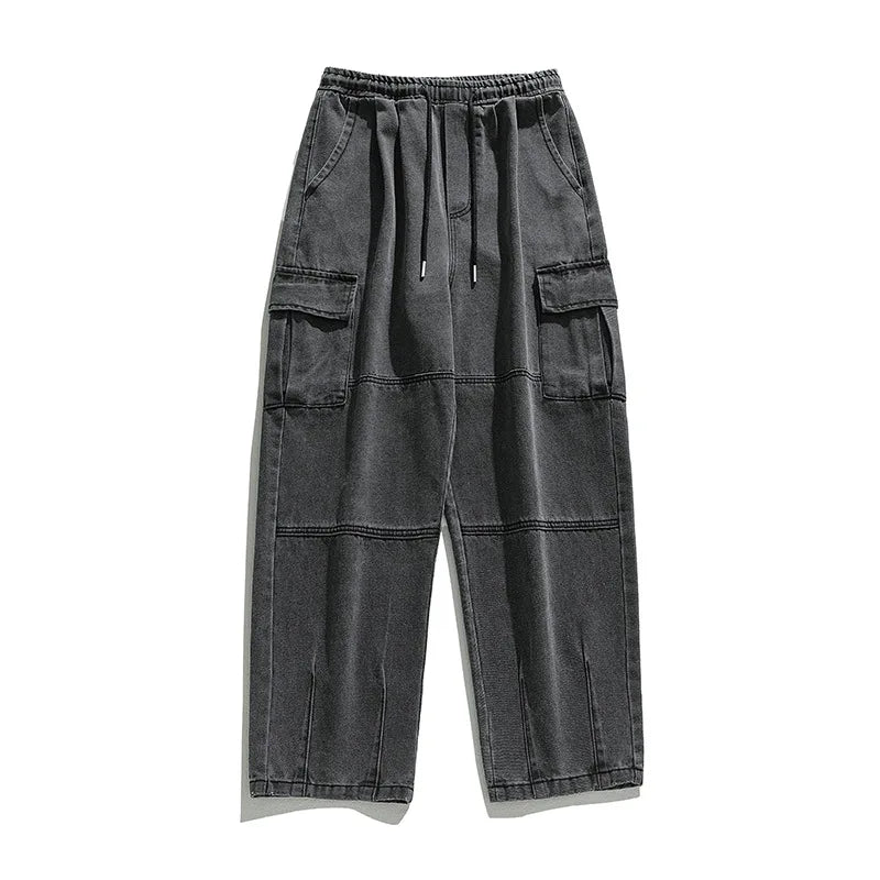 2025 Men's retro camouflage jeans, informal washed wide leg jeans, men's autumn and winter loose pants, old blue multi pocket