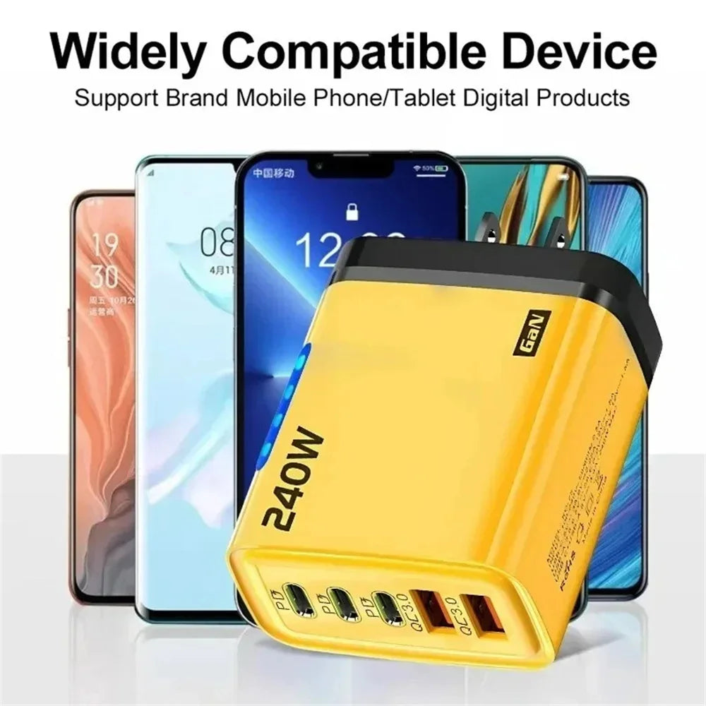 240W GaN 5 in 1 Fast Charging Phone Charger USB C Charger Power Adapter Type C EU/US Plug Wall Charger For iPhone Samsung Xiaomi