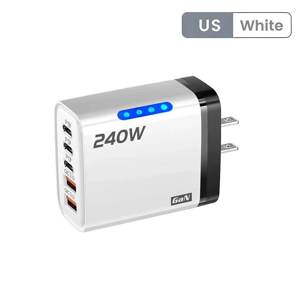 240W GaN 5 in 1 Fast Charging Phone Charger USB C Charger Power Adapter Type C EU/US Plug Wall Charger For iPhone Samsung Xiaomi