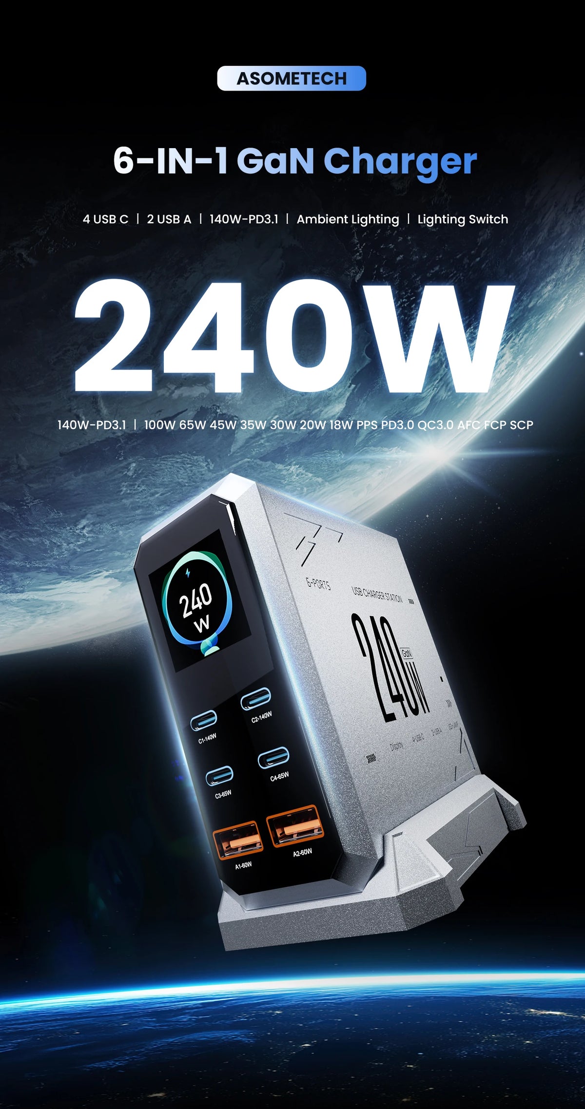 240W GaN Charger 6-IN-1 140W PD3.1 PPS USB Type C Digital Display Fast Charging Station for iPhone 16 15 MacBook Laptops Samsung