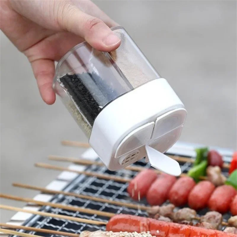 4 in 1 Camping Seasoning Jar with Lid Transparent Spice Dispenser 4 Compartment Outdoor Cooking Barbecue Salt and Pepper Shaker