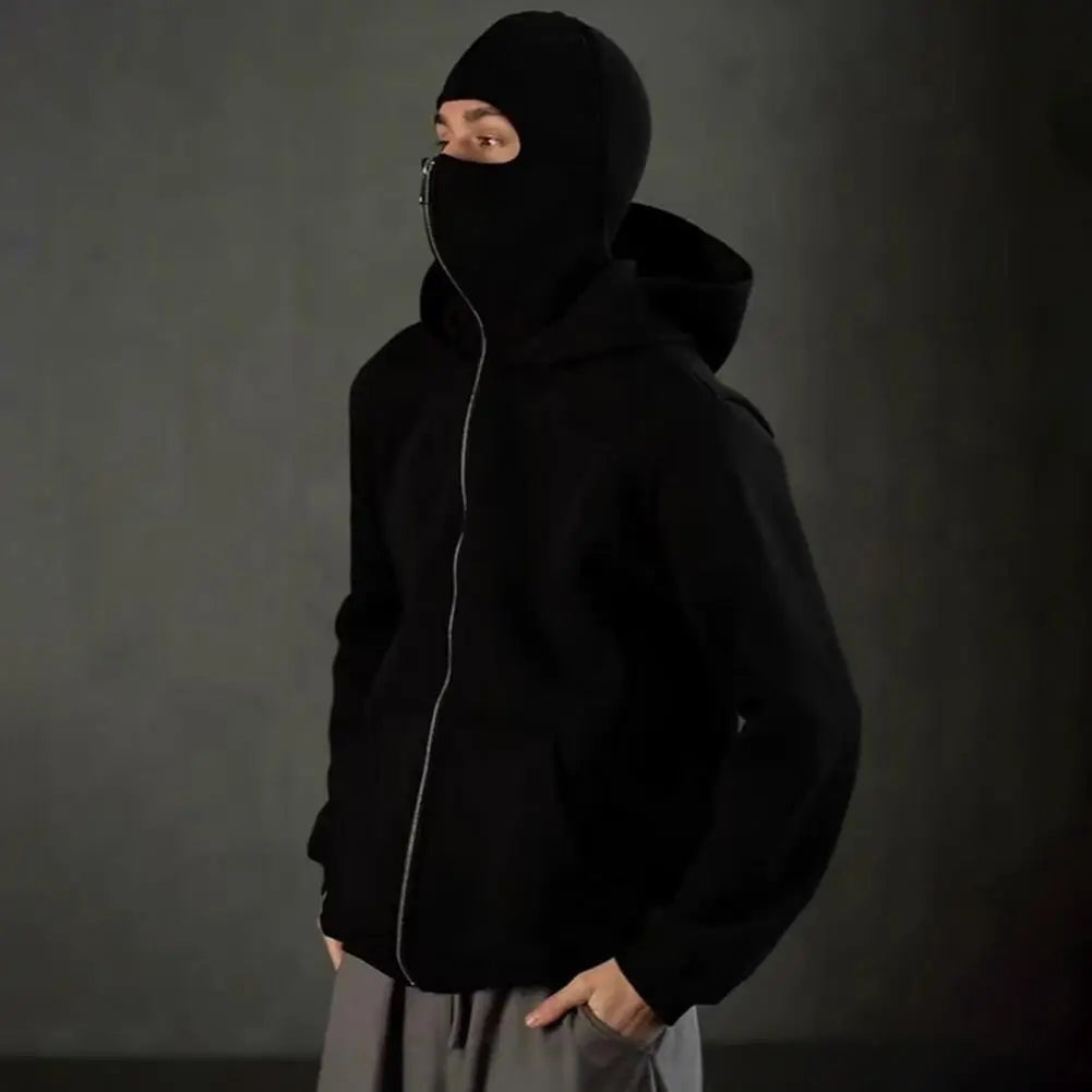 Unisex Balaclava Hoodie Warm Loose Hooded Jacket Zip-up Casual Jacket with Face Mask for Autumn Winter Outdoor Sports Streetwear