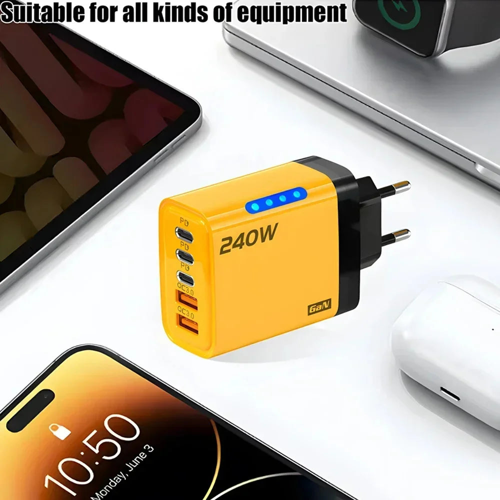 240W GaN 5 in 1 Fast Charging Phone Charger USB C Charger Power Adapter Type C EU/US Plug Wall Charger For iPhone Samsung Xiaomi
