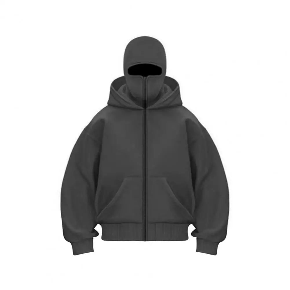 Unisex Balaclava Hoodie Warm Loose Hooded Jacket Zip-up Casual Jacket with Face Mask for Autumn Winter Outdoor Sports Streetwear