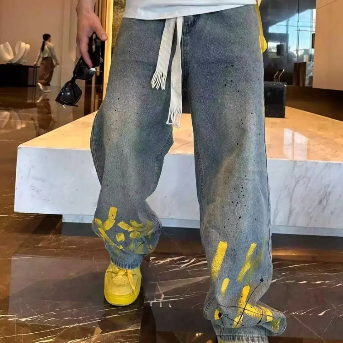 New Washed Jeans for Autumn and Winter Men Hand-painted Inkjet Print Fashionable and Versatile Old Casual Straight Pants