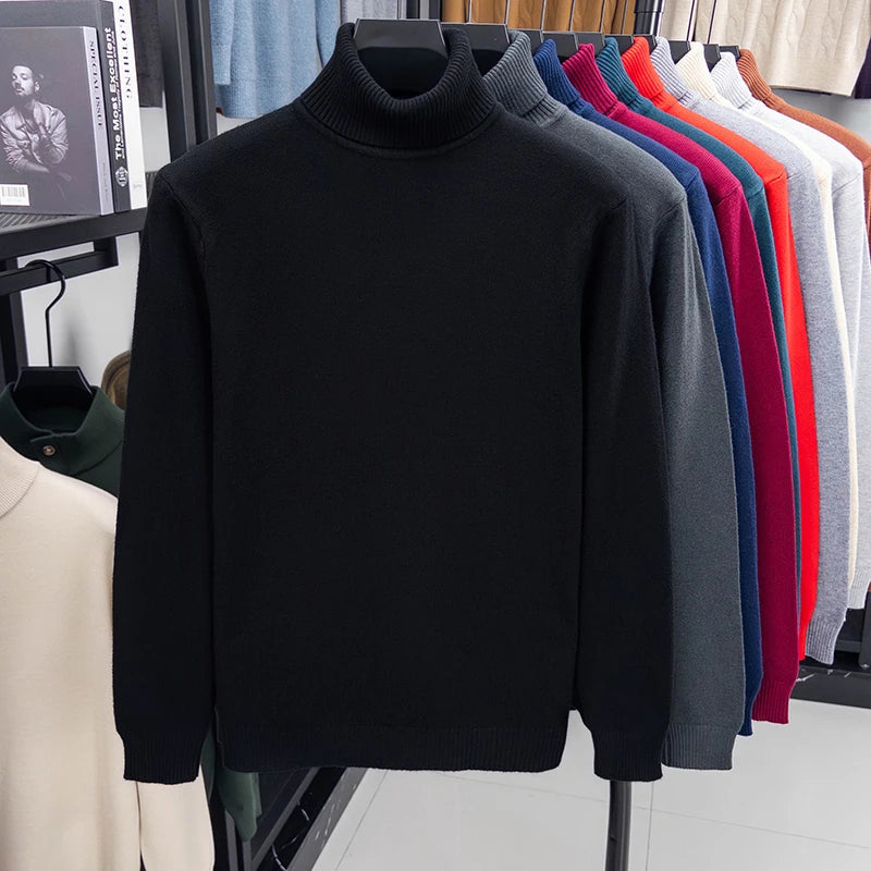 Autumn Mens High Quality Knitted Turtleneck Sweater Slim Fit Long Sleeve Anti-pilling Pullover Solid Color Trend Men Streetwea