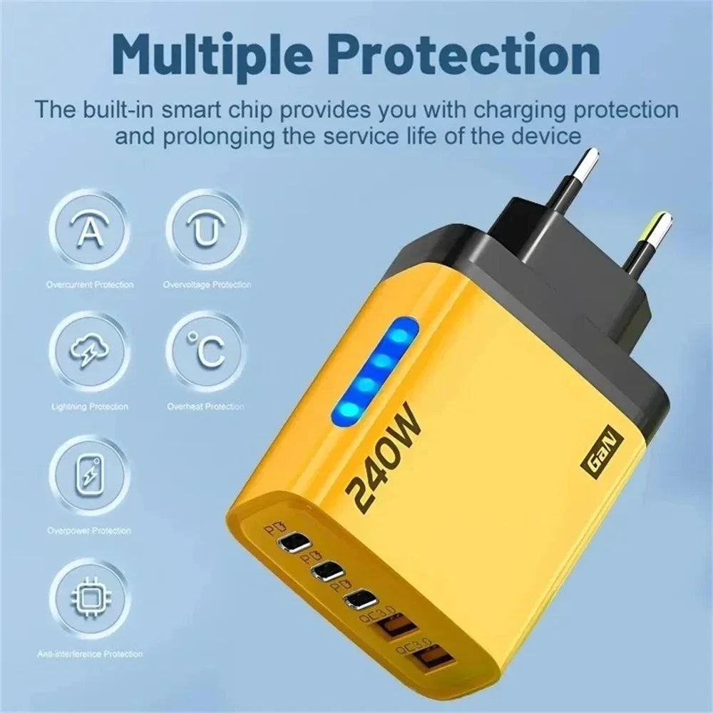 240W GaN 5 in 1 Fast Charging Phone Charger USB C Charger Power Adapter Type C EU/US Plug Wall Charger For iPhone Samsung Xiaomi
