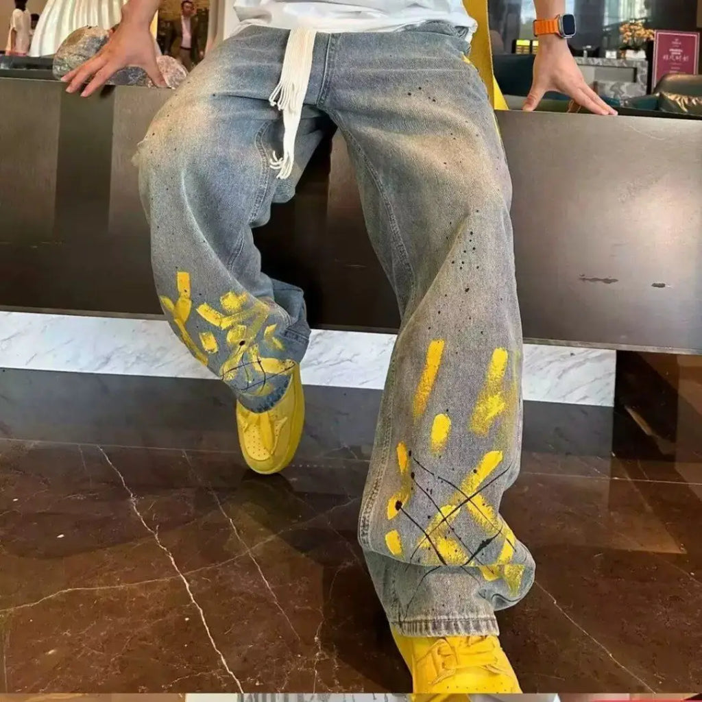 New Washed Jeans for Autumn and Winter Men Hand-painted Inkjet Print Fashionable and Versatile Old Casual Straight Pants