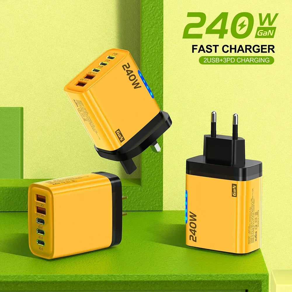 240W GaN 5 in 1 Fast Charging Phone Charger USB C Charger Power Adapter Type C EU/US Plug Wall Charger For iPhone Samsung Xiaomi