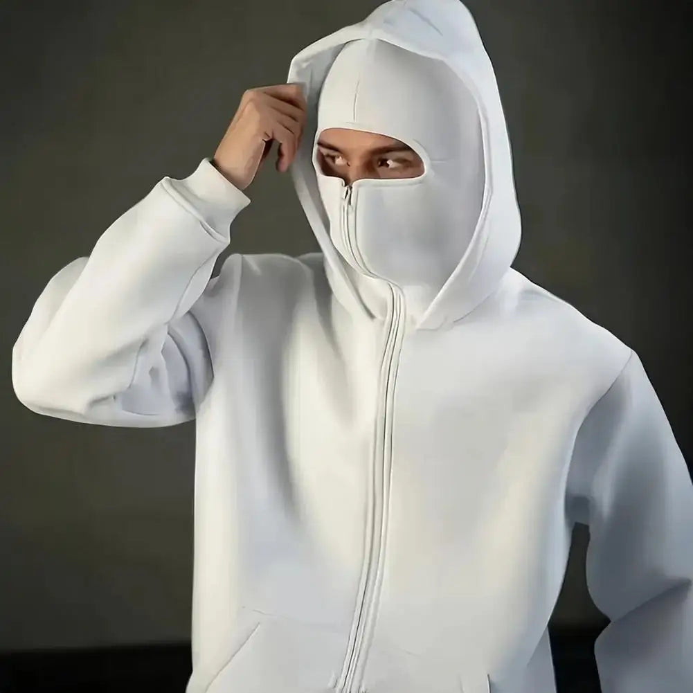 Unisex Balaclava Hoodie Warm Loose Hooded Jacket Zip-up Casual Jacket with Face Mask for Autumn Winter Outdoor Sports Streetwear