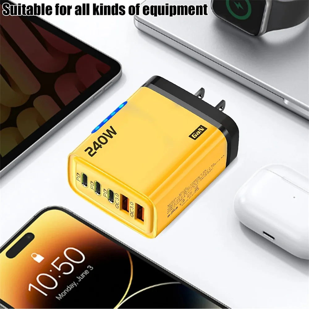 240W GaN 5 in 1 Fast Charging Phone Charger USB C Charger Power Adapter Type C EU/US Plug Wall Charger For iPhone Samsung Xiaomi