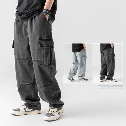 2025 Men's retro camouflage jeans, informal washed wide leg jeans, men's autumn and winter loose pants, old blue multi pocket