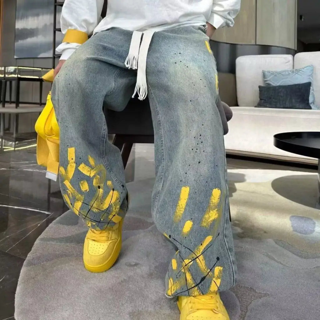 New Washed Jeans for Autumn and Winter Men Hand-painted Inkjet Print Fashionable and Versatile Old Casual Straight Pants