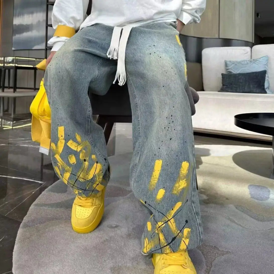 New Washed Jeans for Autumn and Winter Men Hand-painted Inkjet Print Fashionable and Versatile Old Casual Straight Pants