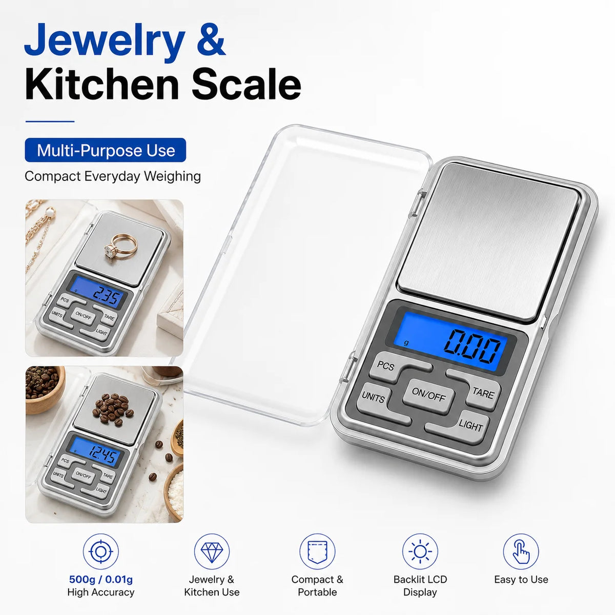 High Precision Mini Pocket Scale 500g/0.01g, Portable Digital Jewelry Scale, Accurate Small LCD Weighing Device for Easy Carry