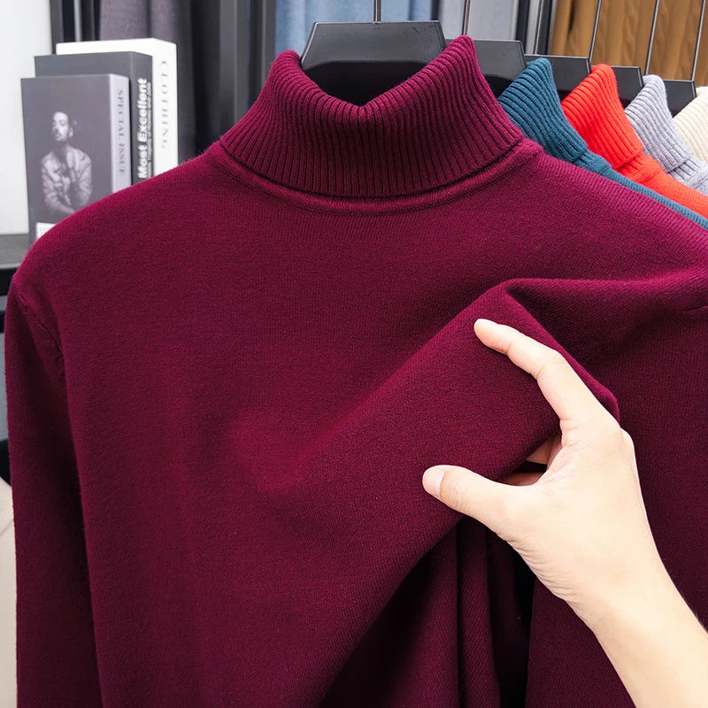 Autumn Mens High Quality Knitted Turtleneck Sweater Slim Fit Long Sleeve Anti-pilling Pullover Solid Color Trend Men Streetwea