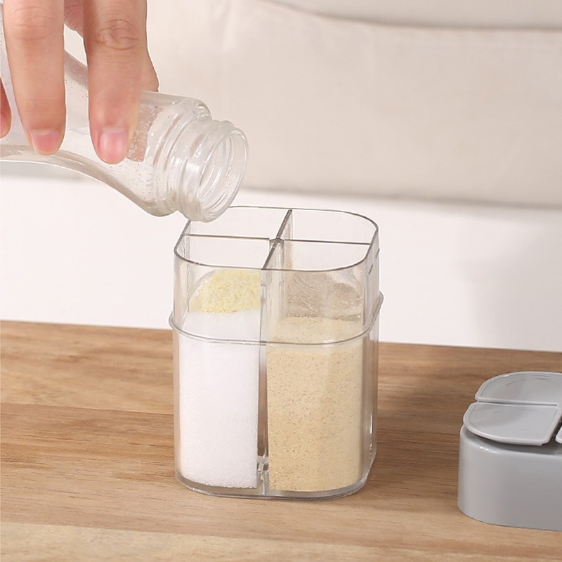 4 in 1 Camping Seasoning Jar with Lid Transparent Spice Dispenser 4 Compartment Outdoor Cooking Barbecue Salt and Pepper Shaker