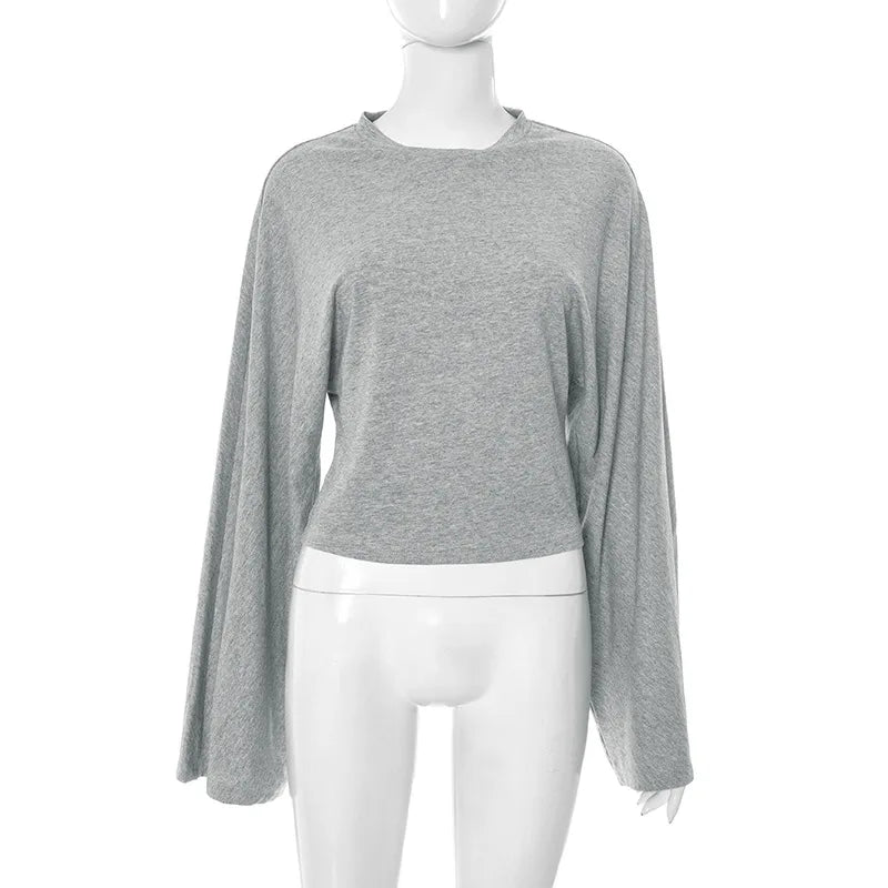 Women's Long Sleeve O-Neck Skinny T-Shirt Monochromatic Crop Top Casual Y2K Streetwear Fashion Pullover Summer Outfit