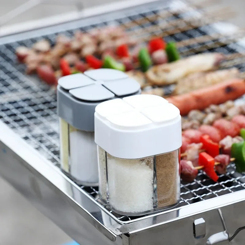 4 in 1 Camping Seasoning Jar with Lid Transparent Spice Dispenser 4 Compartment Outdoor Cooking Barbecue Salt and Pepper Shaker