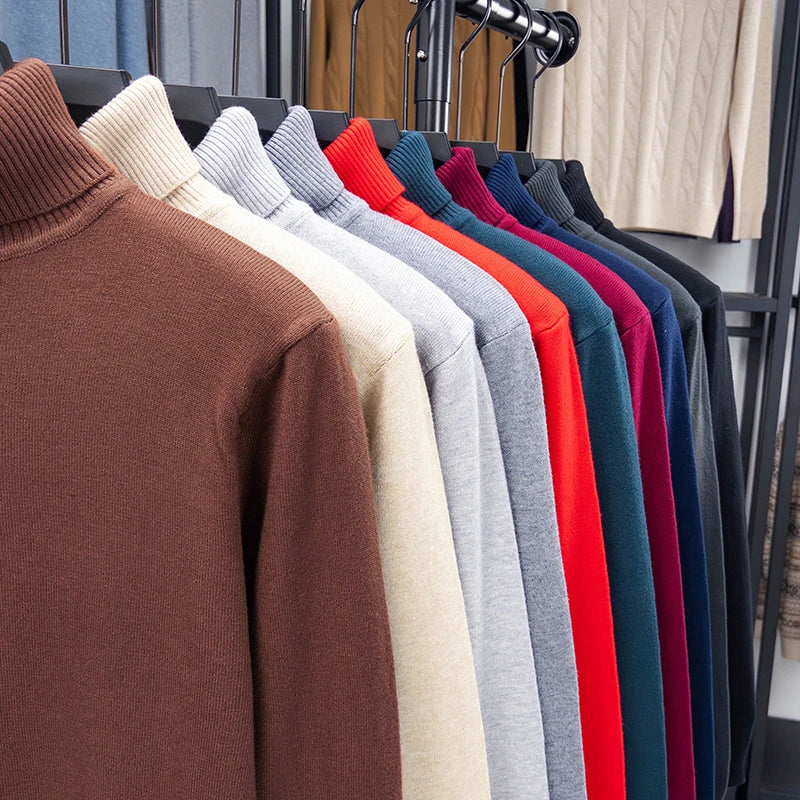 Autumn Mens High Quality Knitted Turtleneck Sweater Slim Fit Long Sleeve Anti-pilling Pullover Solid Color Trend Men Streetwea