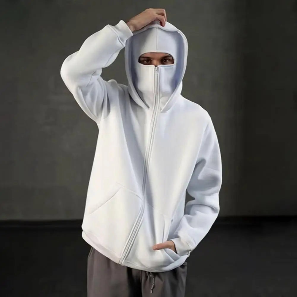 Unisex Balaclava Hoodie Warm Loose Hooded Jacket Zip-up Casual Jacket with Face Mask for Autumn Winter Outdoor Sports Streetwear