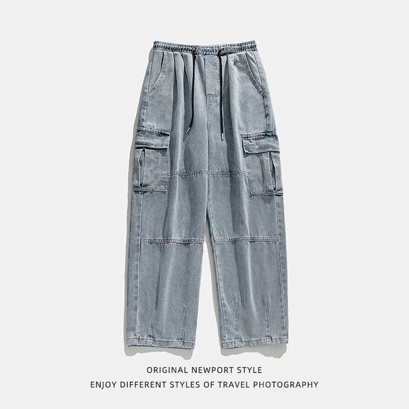 2025 Men's retro camouflage jeans, informal washed wide leg jeans, men's autumn and winter loose pants, old blue multi pocket