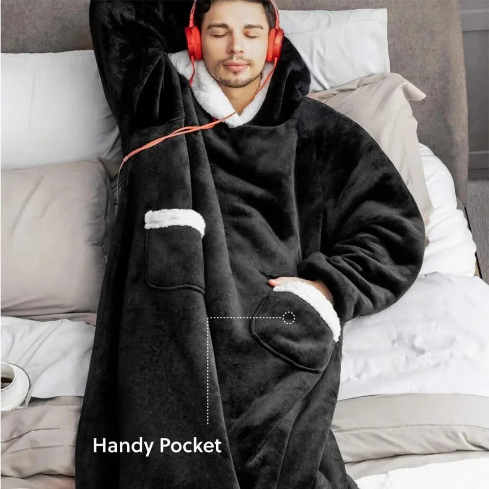 180cm Super Long Flannel Blanket Pyjamas with Sleeves Winter Hoodies Sweatshirt Women Men Pullover Fleece Giant Oversized Outdoo