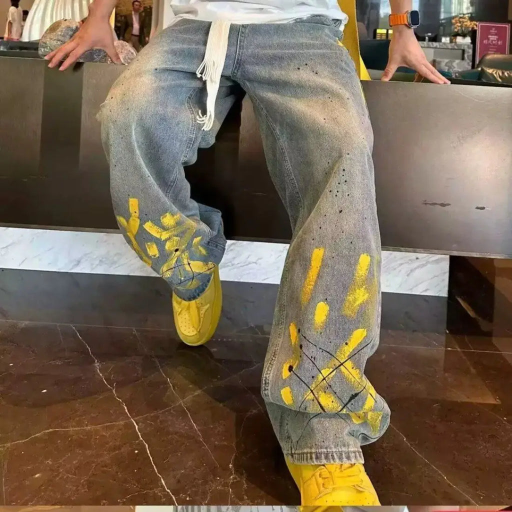 New Washed Jeans for Autumn and Winter Men Hand-painted Inkjet Print Fashionable and Versatile Old Casual Straight Pants