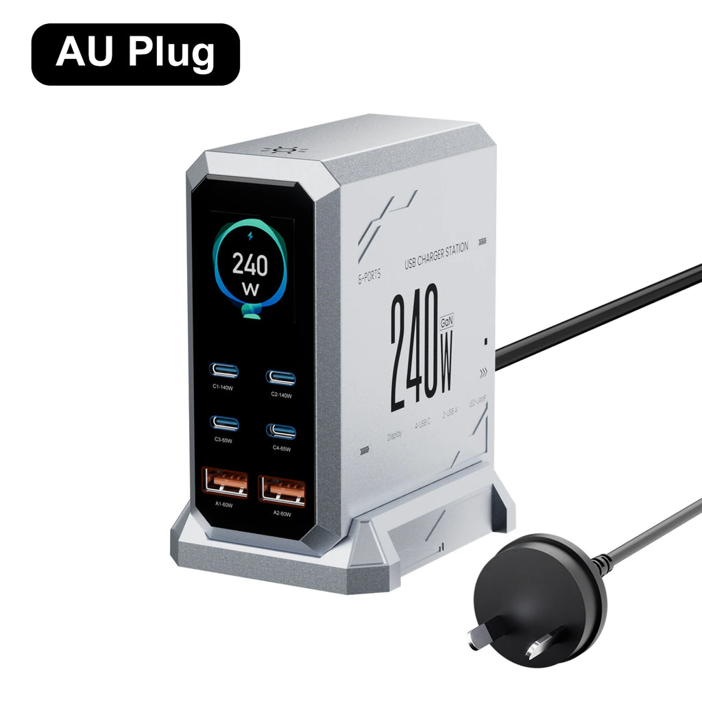 240W GaN Charger 6-IN-1 140W PD3.1 PPS USB Type C Digital Display Fast Charging Station for iPhone 16 15 MacBook Laptops Samsung