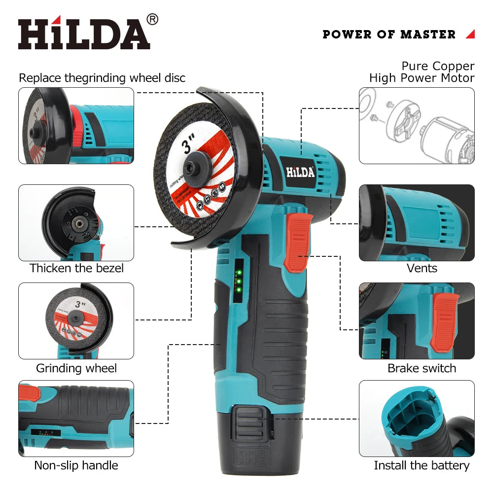 HILDA 12V Angle Grinder Charging Grinding Tool for Polishing and Grinding Diamond Micro Cordless Electric Power Tools