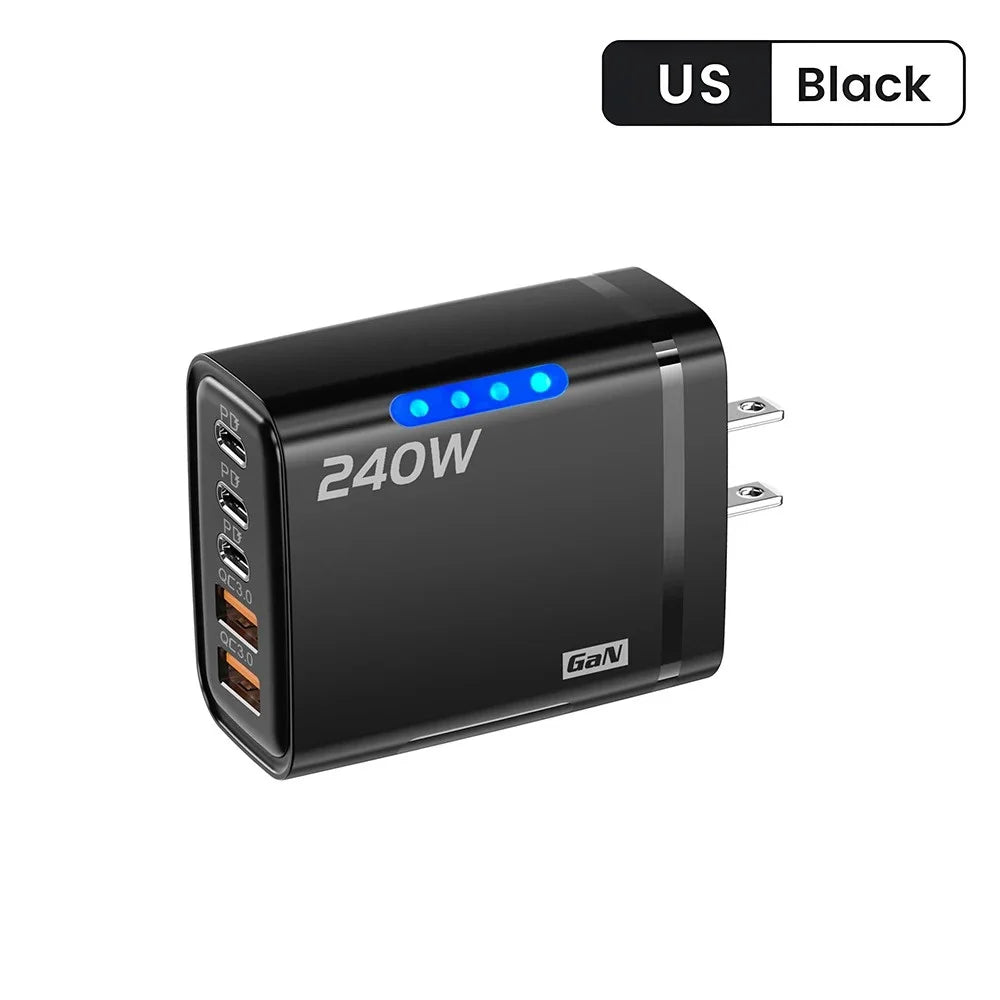 240W GaN 5 in 1 Fast Charging Phone Charger USB C Charger Power Adapter Type C EU/US Plug Wall Charger For iPhone Samsung Xiaomi