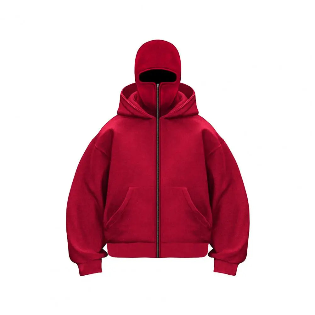 Unisex Balaclava Hoodie Warm Loose Hooded Jacket Zip-up Casual Jacket with Face Mask for Autumn Winter Outdoor Sports Streetwear