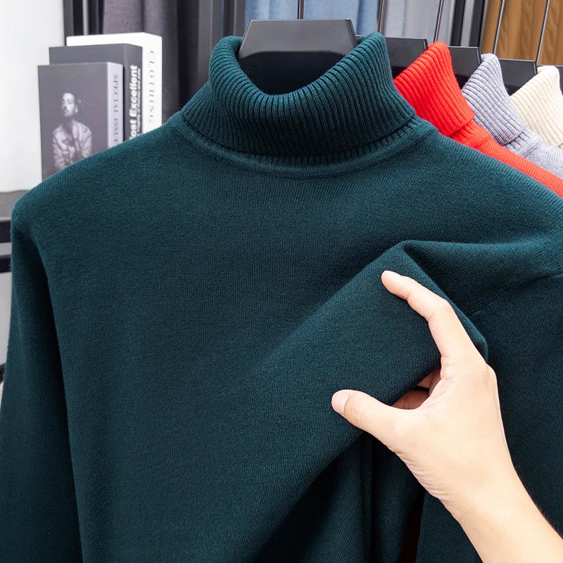 Autumn Mens High Quality Knitted Turtleneck Sweater Slim Fit Long Sleeve Anti-pilling Pullover Solid Color Trend Men Streetwea