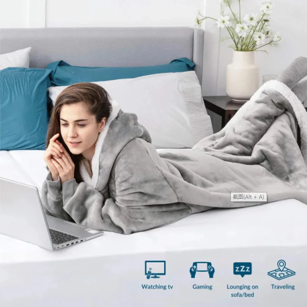 180cm Super Long Flannel Blanket Pyjamas with Sleeves Winter Hoodies Sweatshirt Women Men Pullover Fleece Giant Oversized Outdoo